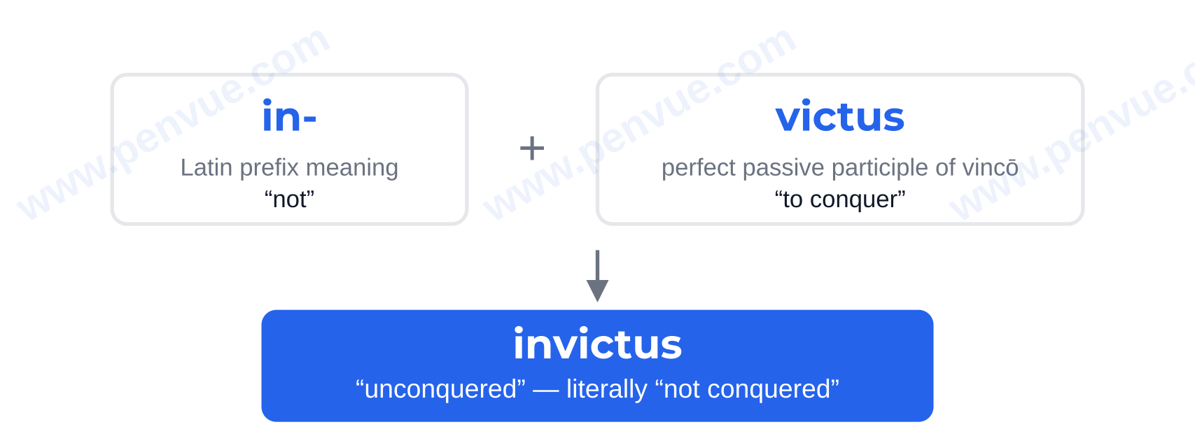 Word breakdown: in- (not) plus victus (conquered) gives invictus, unconquered — invictus meaning